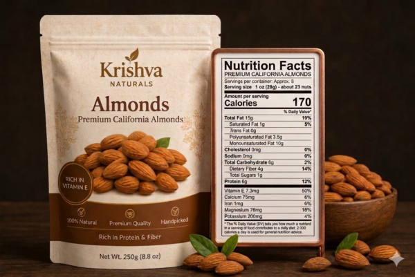 Krishva Naturals Premium California Almonds (250g) | Handpicked, Crunchy Whole Badam